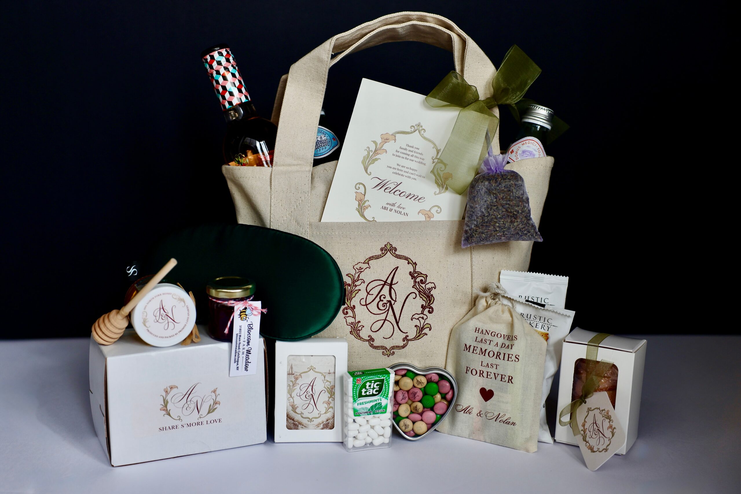 Long Island custom wedding welcome gift tote with monogrammed treats and favors